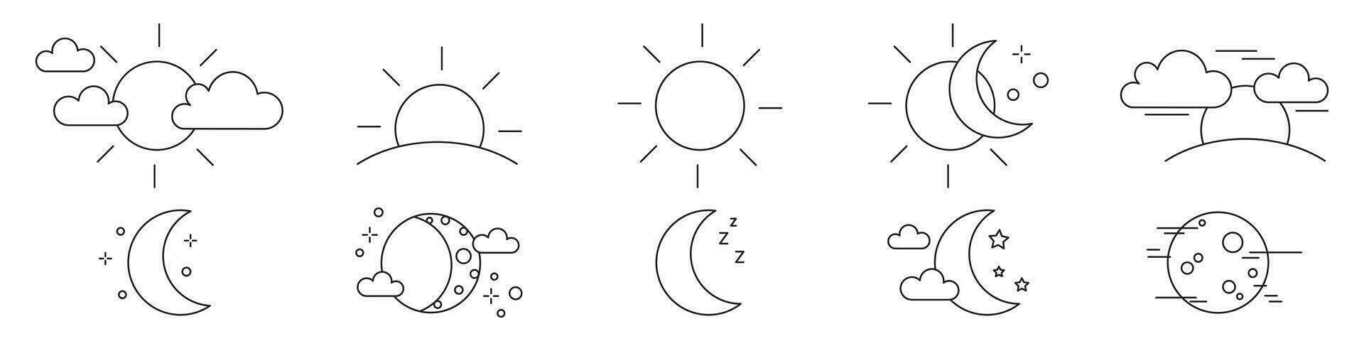 Collection of rising or setting sun, moon phases, clouds and stars icons. Bundle of day and night time pictograms drawn with black contour lines on white background. vector