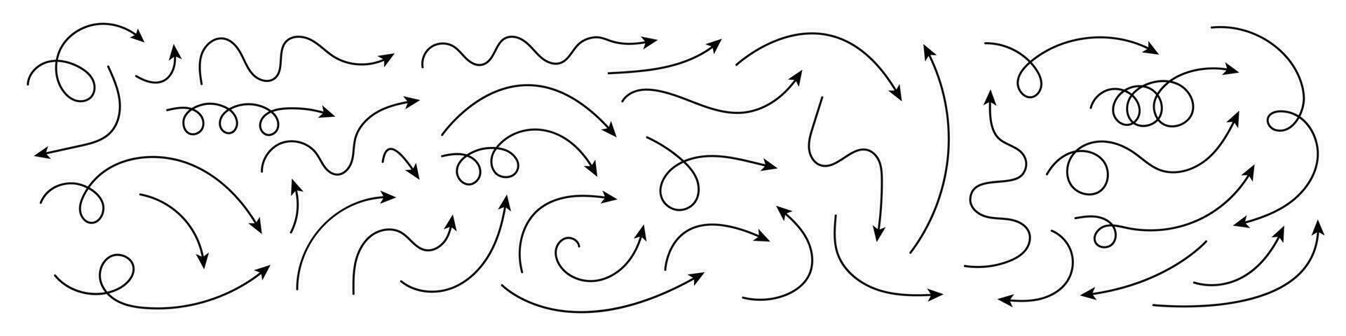 Curved arrows. Set of vector hand drawn arrows. Collection of pointers.