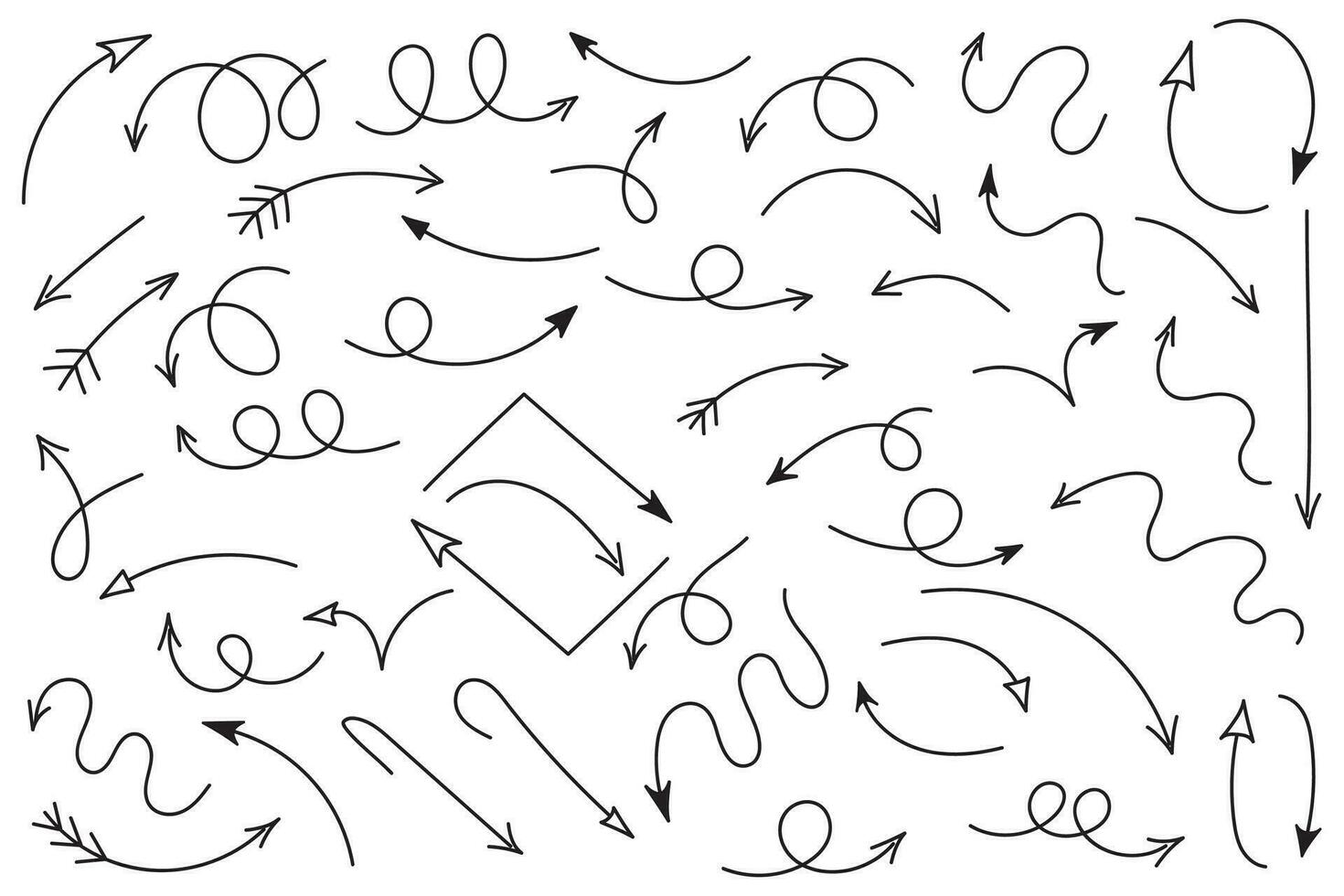 Curved arrows. Set of vector hand drawn arrows. Collection of pointers.