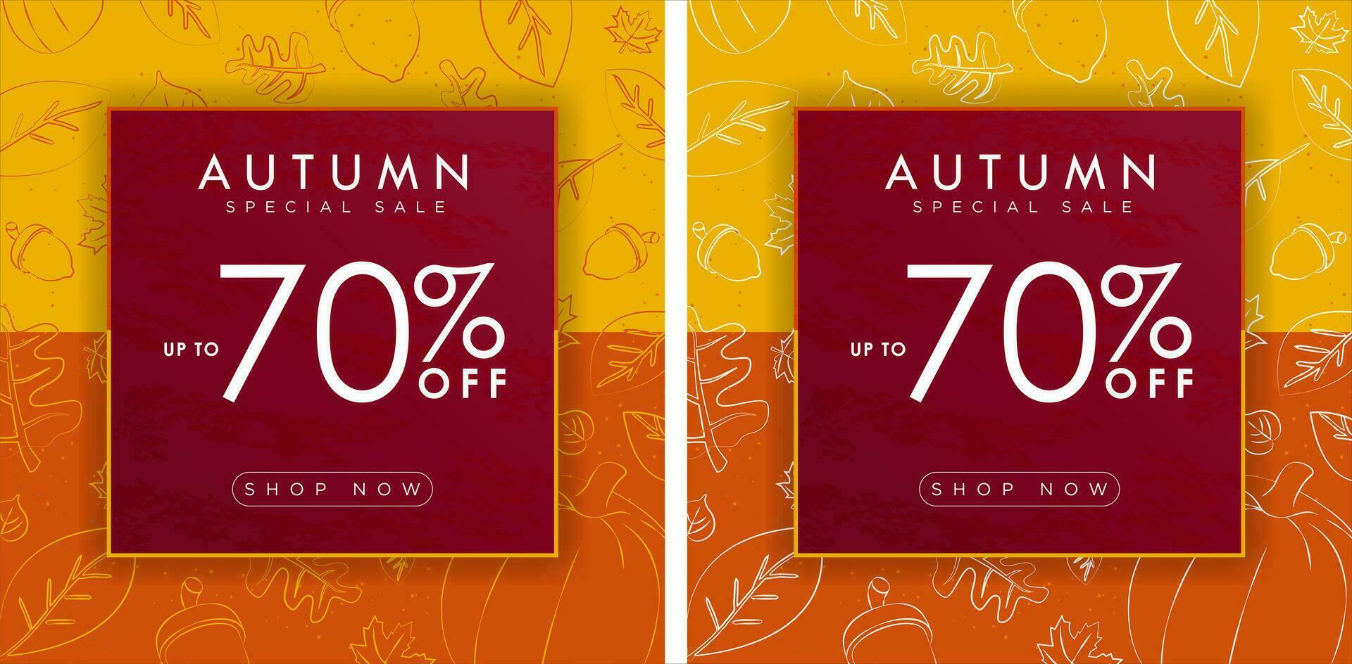 Set of Autumn Sale card, background, banner, poster or flyer design. Up to 70 off discount with shop now CTA button. Drawing of autumn elements, maple leaves, pumpkin, acorn. Vector illustration.