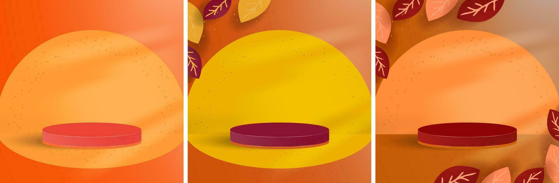 Set of Autumn studio backgrounds with 3d rendered podium for product display. Autumn leaves frame with sunlight from corner. Vector Illustration. EPS 10.
