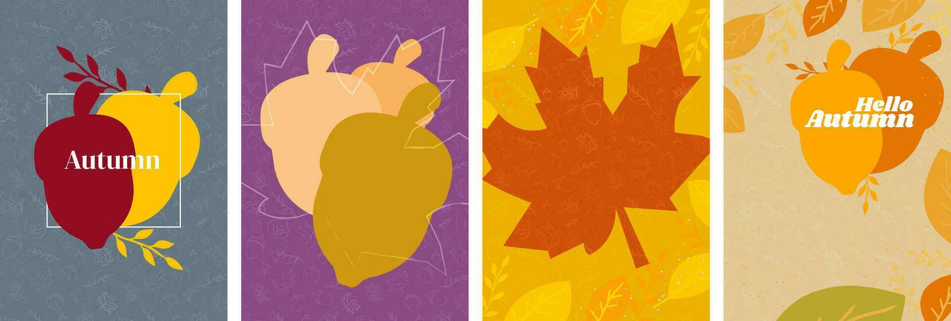 Minimalist Autumn and thanksgiving themed background posters. Hand-drawn fall elements on colored backgrounds. Pumpkin, leaves, acorn. Editable Vector Illustration. EPS 10.