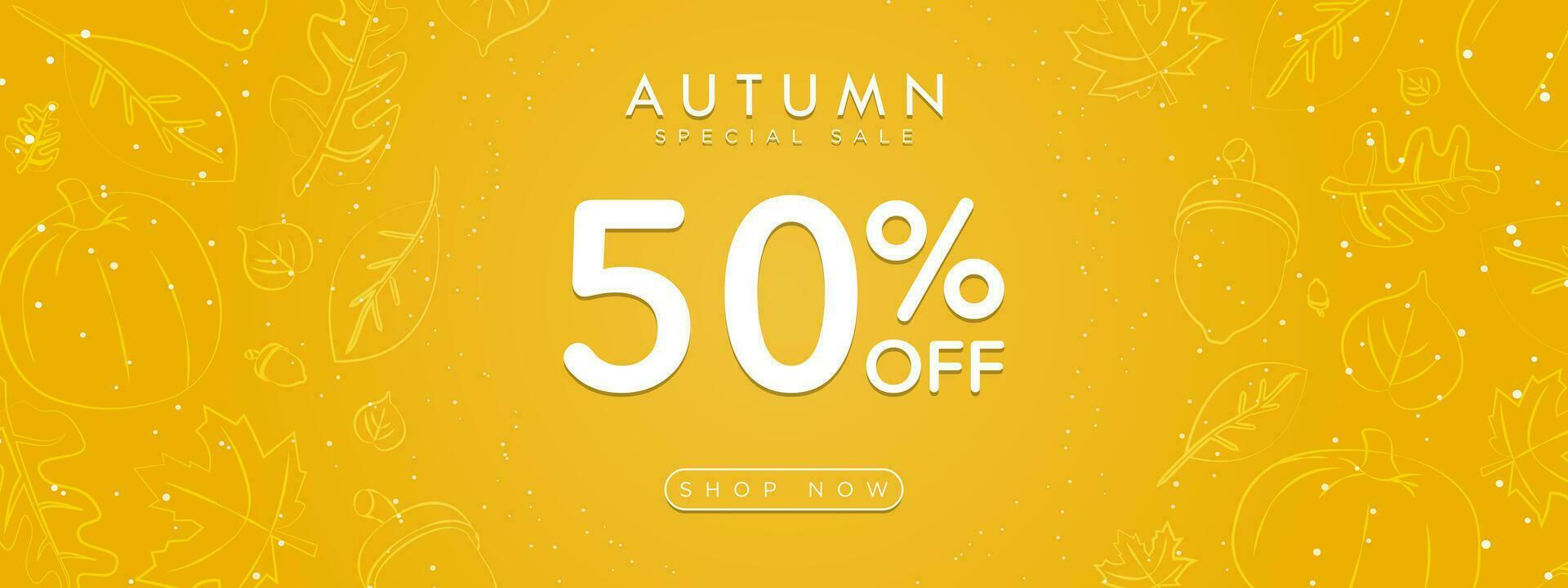 Cute modern Autumn Sale Banner on gradient background in fall colors and framed with hand drawn autumn elements, leaves, maple, acorn, pumpkin. Up to 50 off. Editable Vector Illustration. EPS 10