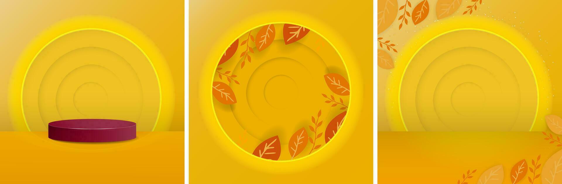 Orange-nature themed Backgrounds. Red Podium on 3d Circular backdrop, paper cutout with frames of leaves,  studio render with leaves. Vector Illustration. EPS 10.