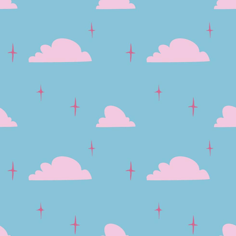 Seamless vector pattern of hand drawn cute clouds. Design of repeating  magic clouds for printing scrapbooking paper, fabric, wallpapers, backgrounds.