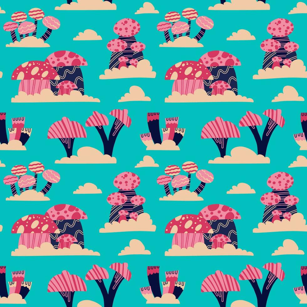 Seamless vector pattern of hand drawn cute psychedelic mushrooms. Design of repeating  magic mushrooms for printing scrapbooking paper, fabric, wallpapers, backgrounds.