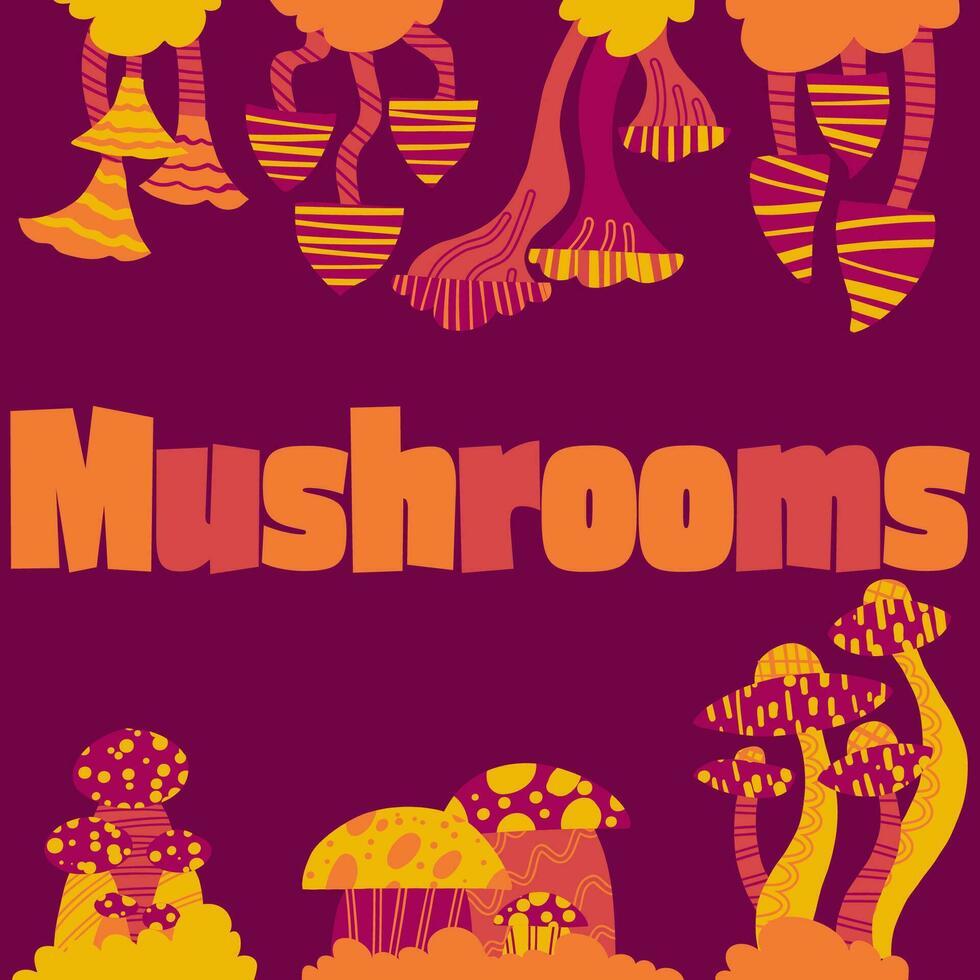 Set of cute isolated mushrooms with geometry ornament. Psychedelic mushrooms in vivd colours. Hand drawn mushrooms illustration vector