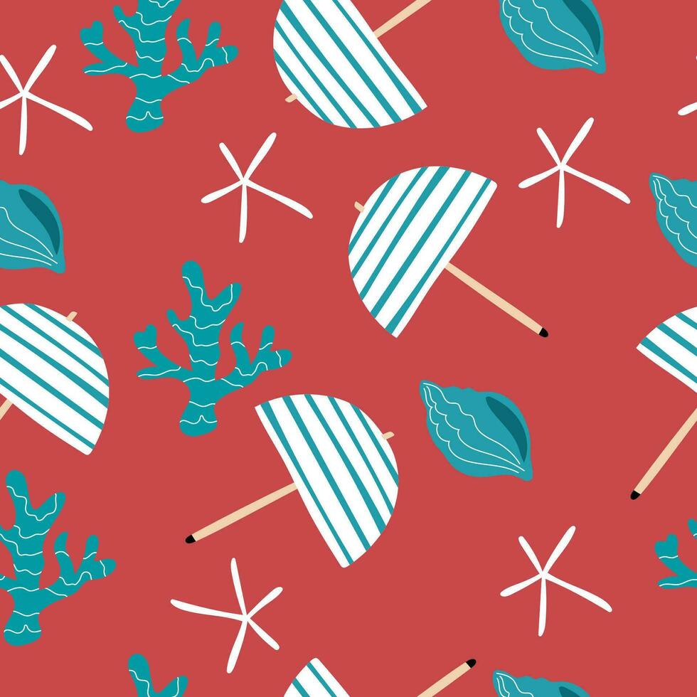 Bright seamless pattern with sea shells, stars, beach umbrella on a red background. vector