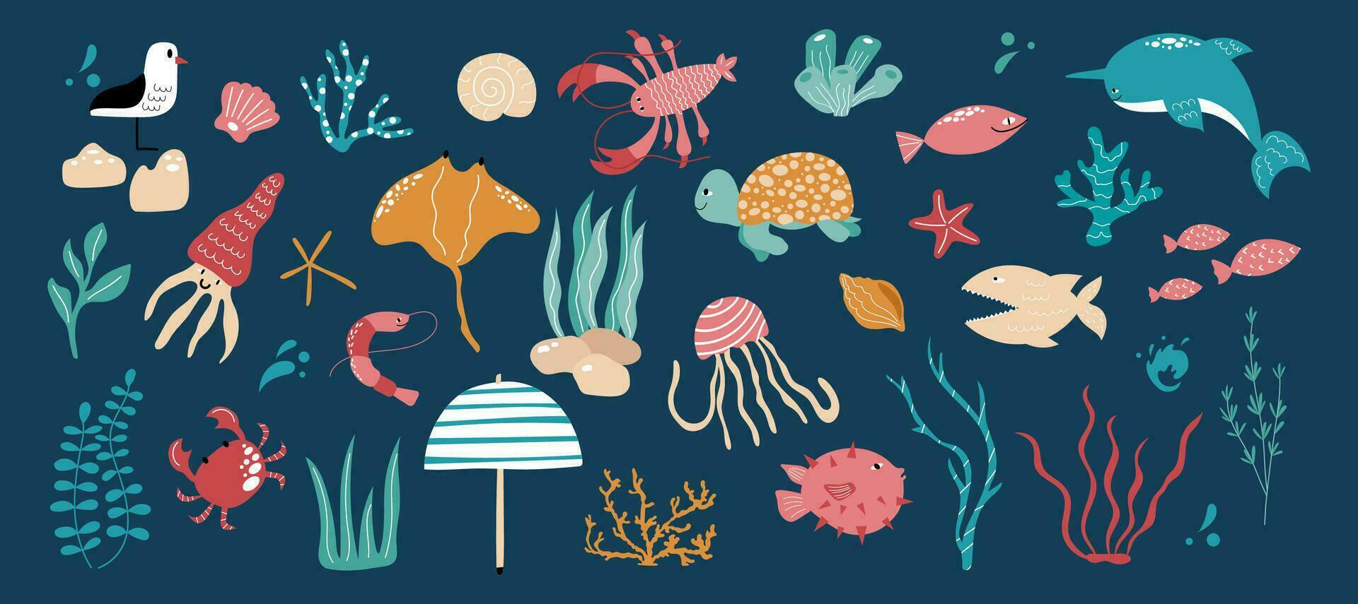 Colourful trendy set of underwater animals and plants. Handdrawn corals, fish, crab, seagull, jellyfish with texture. vector