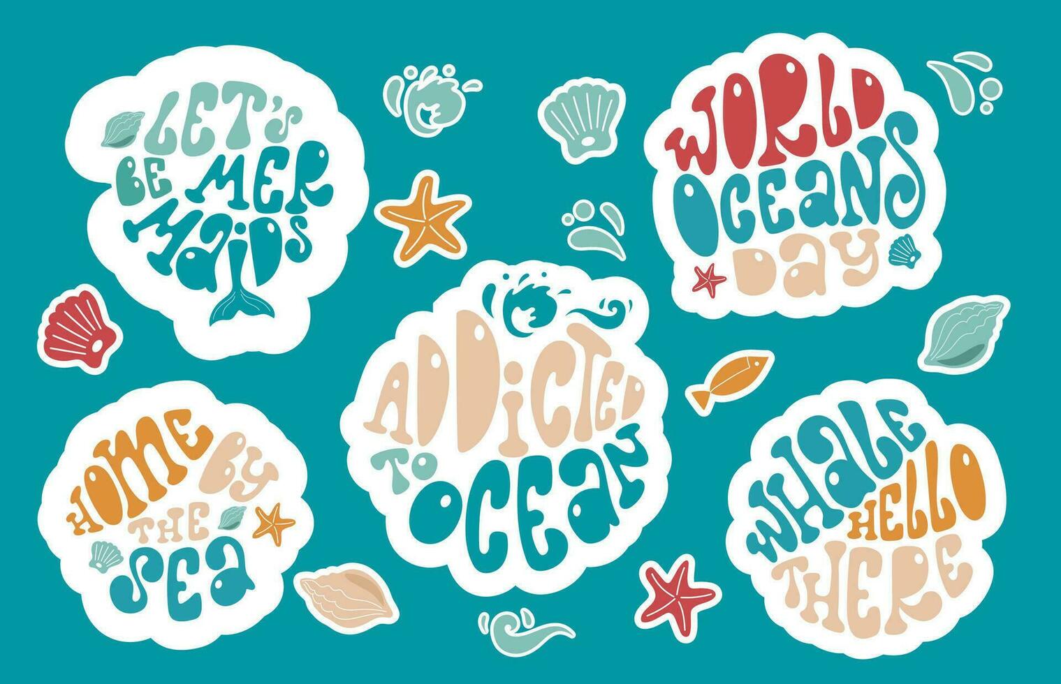 Collection of lettering stickers about the ocean. Addicted to ocean, whale hello there, world oceans day. vector