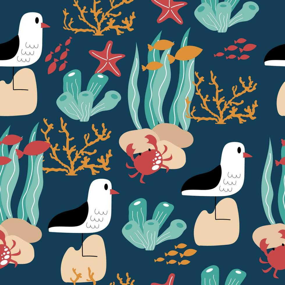Handdrawn sea life pattern with crabs, seagulls, corals, fish and starfish. Vector seamless design.