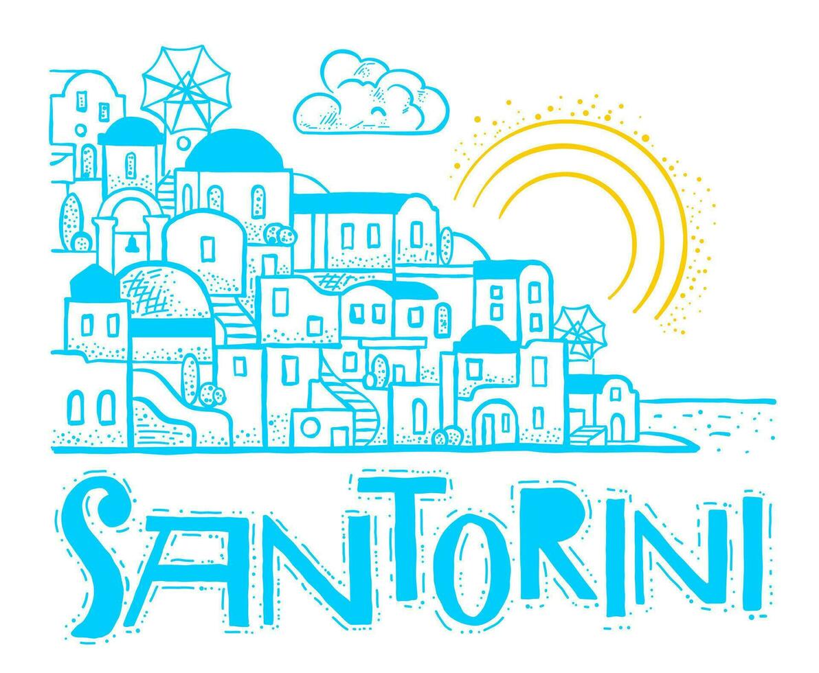 Santorini island, Greece. Beautiful traditional white architecture and blue domed Greek Orthodox churches over the caldera. Vector flat illustration in doodle style.