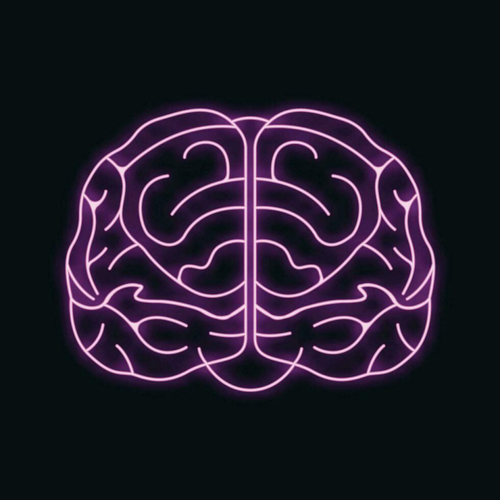 Human brain icon, concept cartoon vector illustration, neon glow isolated on black, healthy mental lifestyle stable