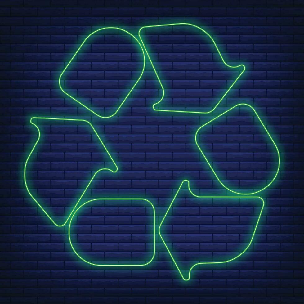 Plastic recycling waste sorting container icon glow neon style, environmental protection label flat vector illustration, isolated on black.