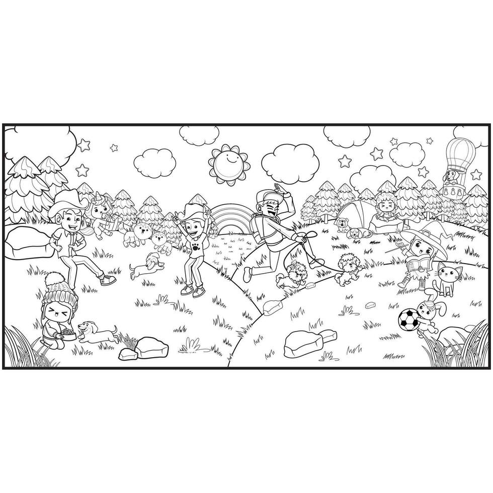Coloring page  in the park with cute puppies vector