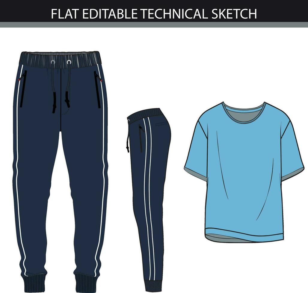 Set of sportswear vector illustrations Drop shoulder Tshirt and jogger pants flat sketch