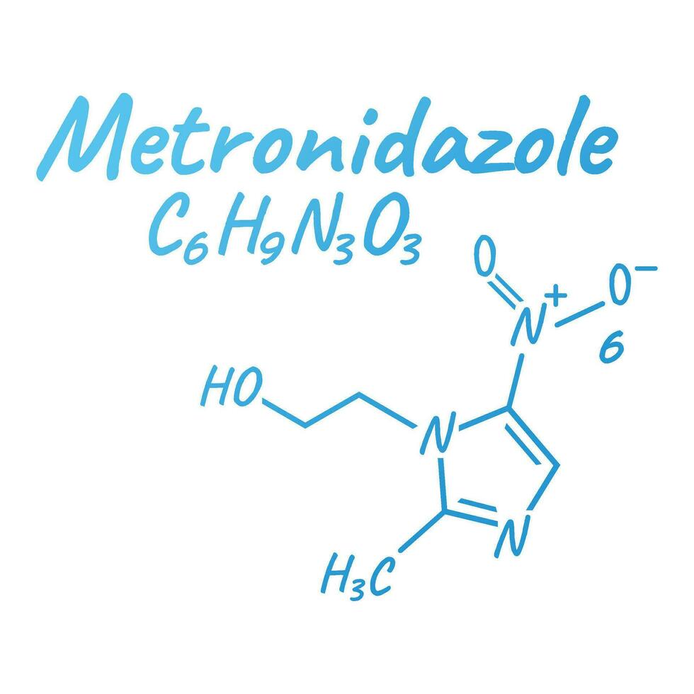 Metronidazole antibiotic chemical formula and composition, concept structural medical drug, isolated on white background, vector illustration.
