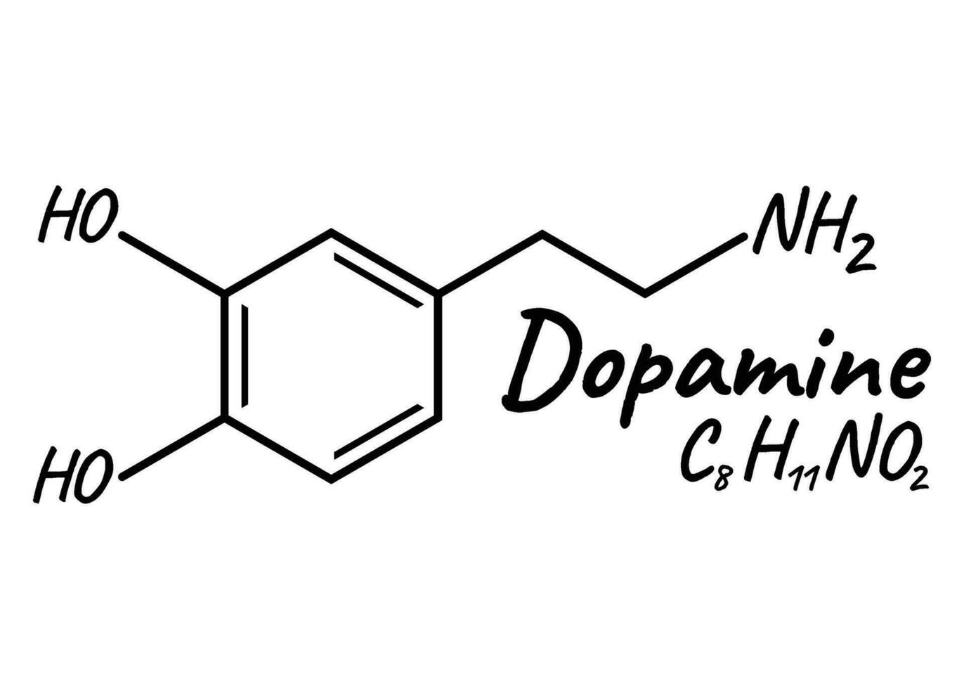 Human hormone dopamine concept chemical skeletal formula icon label, text font vector illustration, isolated on white. Periodic element table.