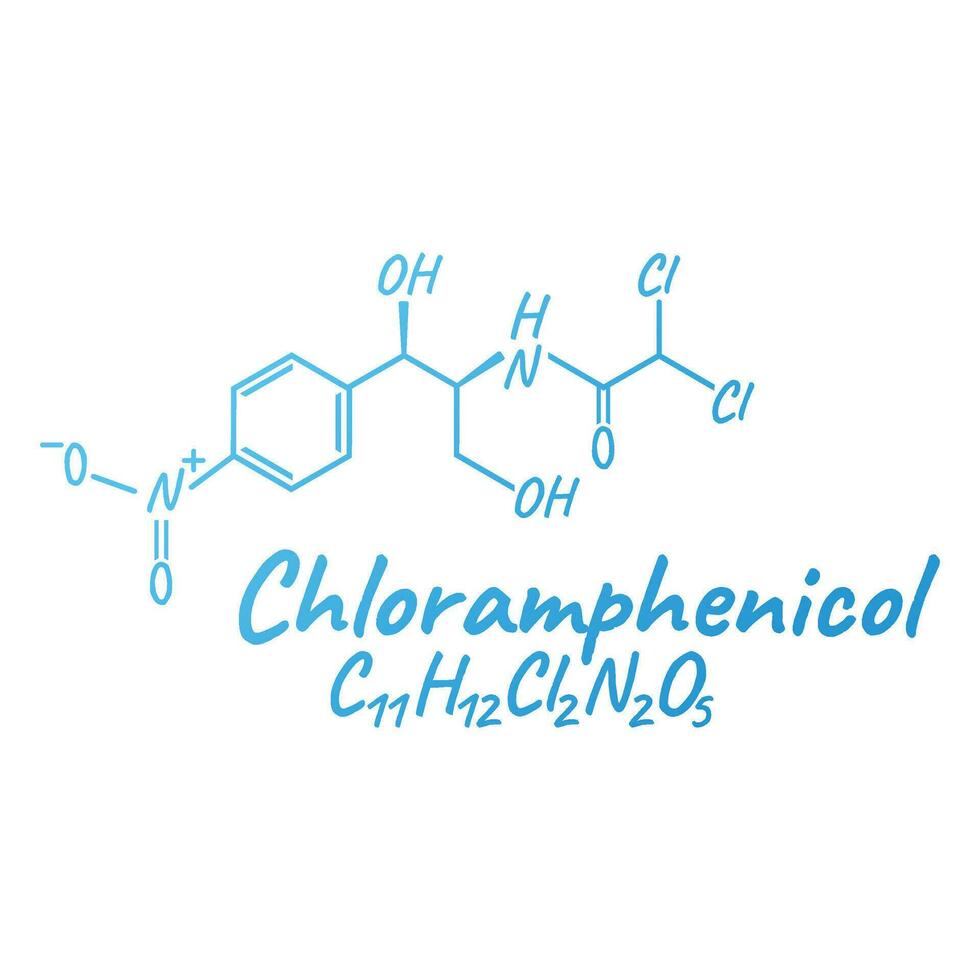 Chloramphenicol antibiotic chemical formula and composition, concept structural medical drug, isolated on white background, vector illustration.