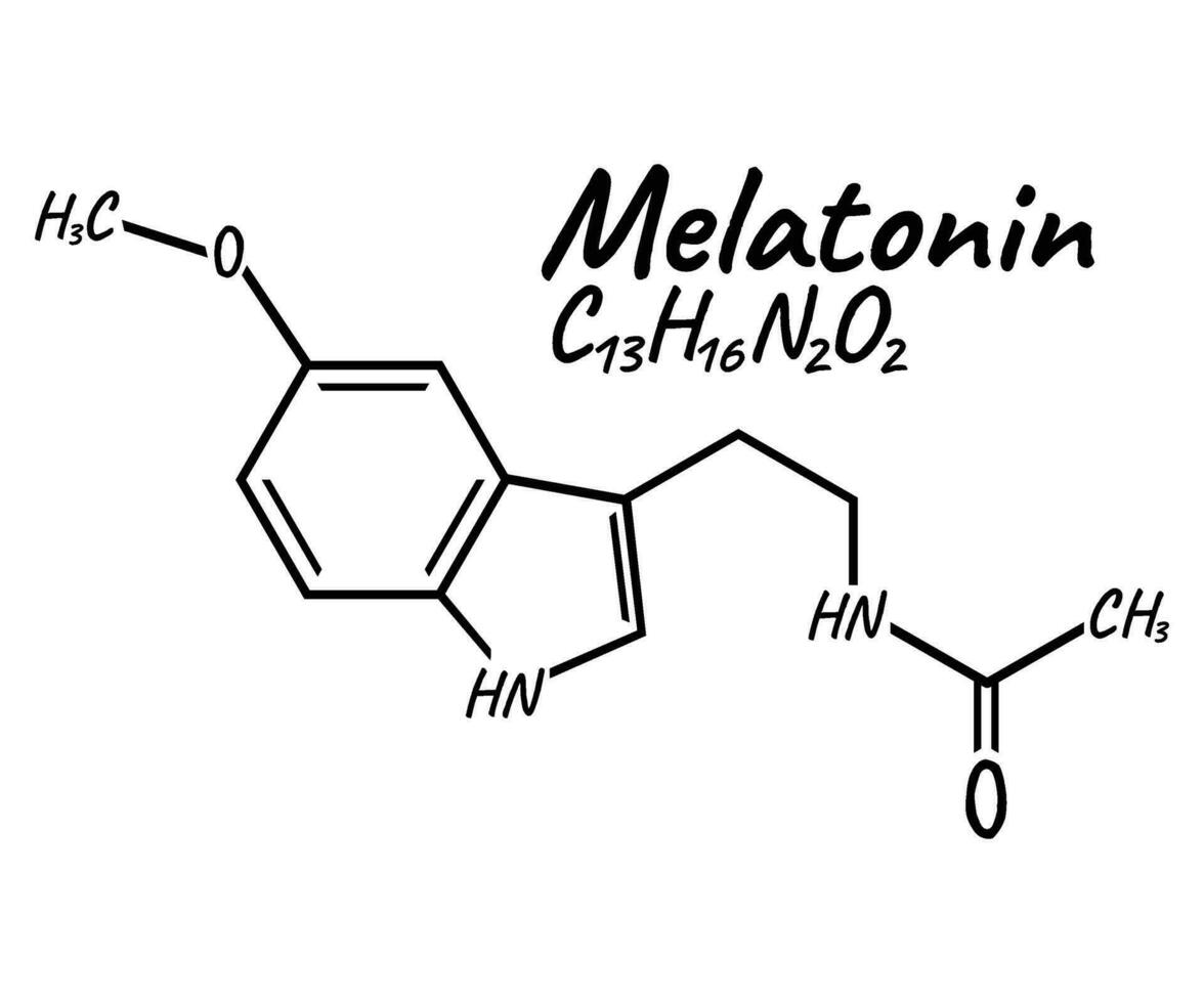 Human hormone melatonin concept chemical skeletal formula icon label, text font vector illustration, isolated on white. Periodic element table.