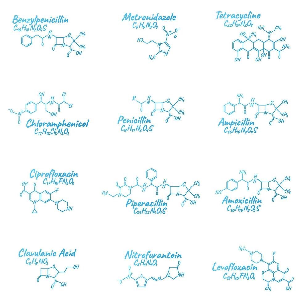 conjunto de antibiótico químico fórmula y composición, concepto estructural médico droga, aislado en blanco fondo, vector ilustración.