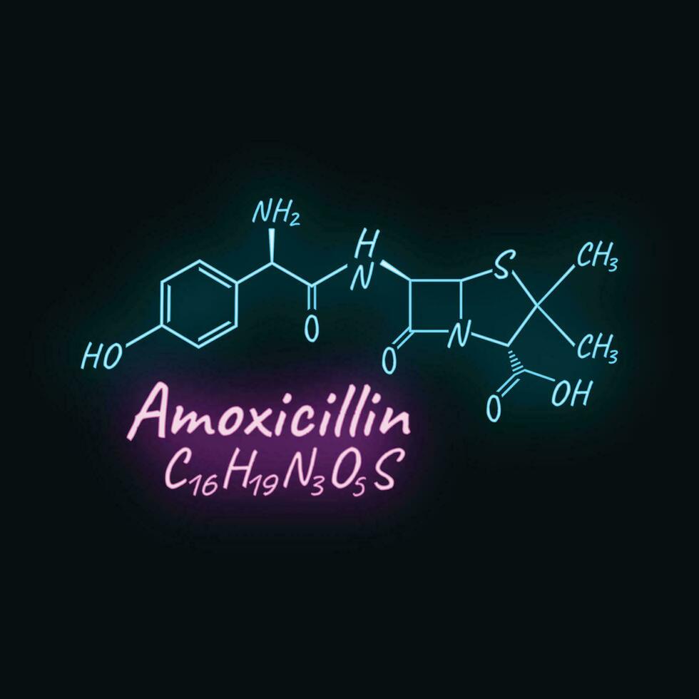 Amoxicillin antibiotic chemical formula and composition, concept structural drug, isolated on black background, neon style vector illustration.