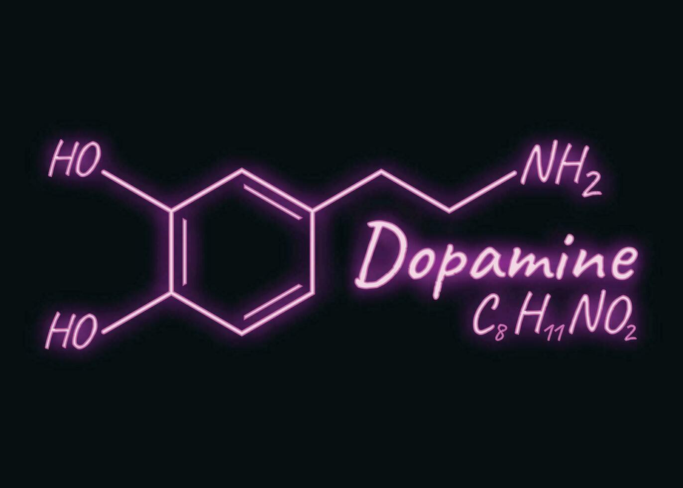 Human hormone dopamine concept chemical skeletal formula icon label, text font neon glow vector illustration, isolated on black. Periodic element.