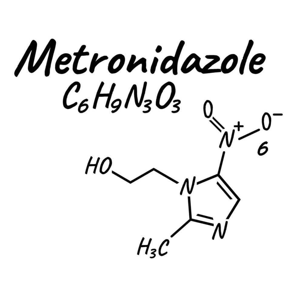 Metronidazole antibiotic chemical formula and composition, concept structural medical drug, isolated on white background, vector illustration.