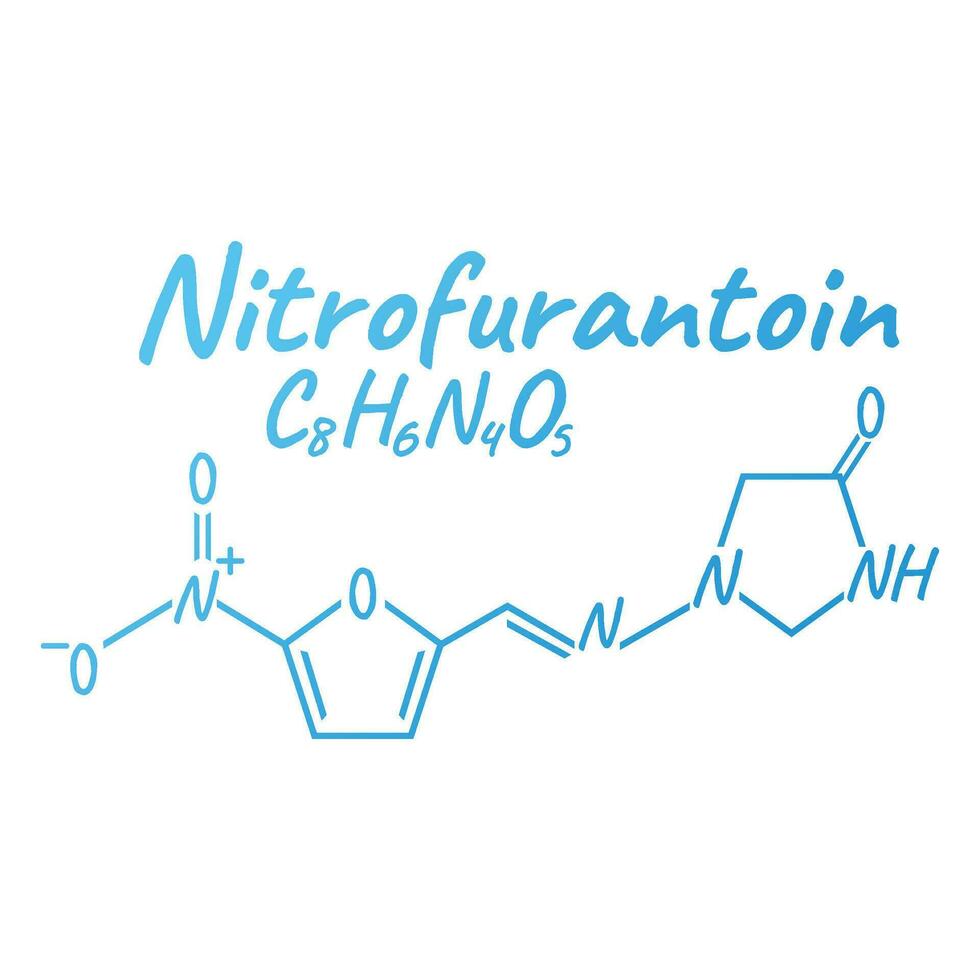 Nitrofurantoin antibiotic chemical formula and composition, concept structural medical drug, isolated on white background, vector illustration.