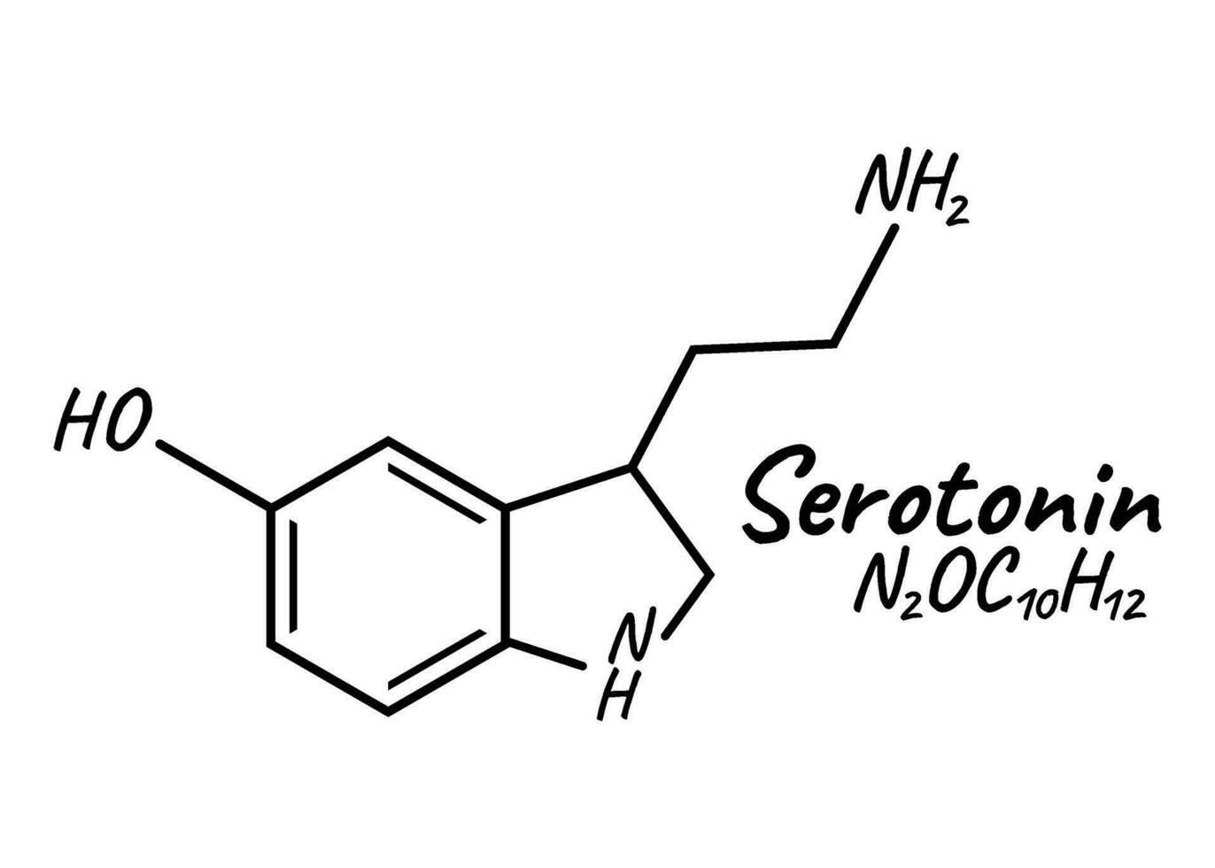 Human hormone serotonin concept chemical skeletal formula icon label, text font vector illustration, isolated on white. Periodic element table.