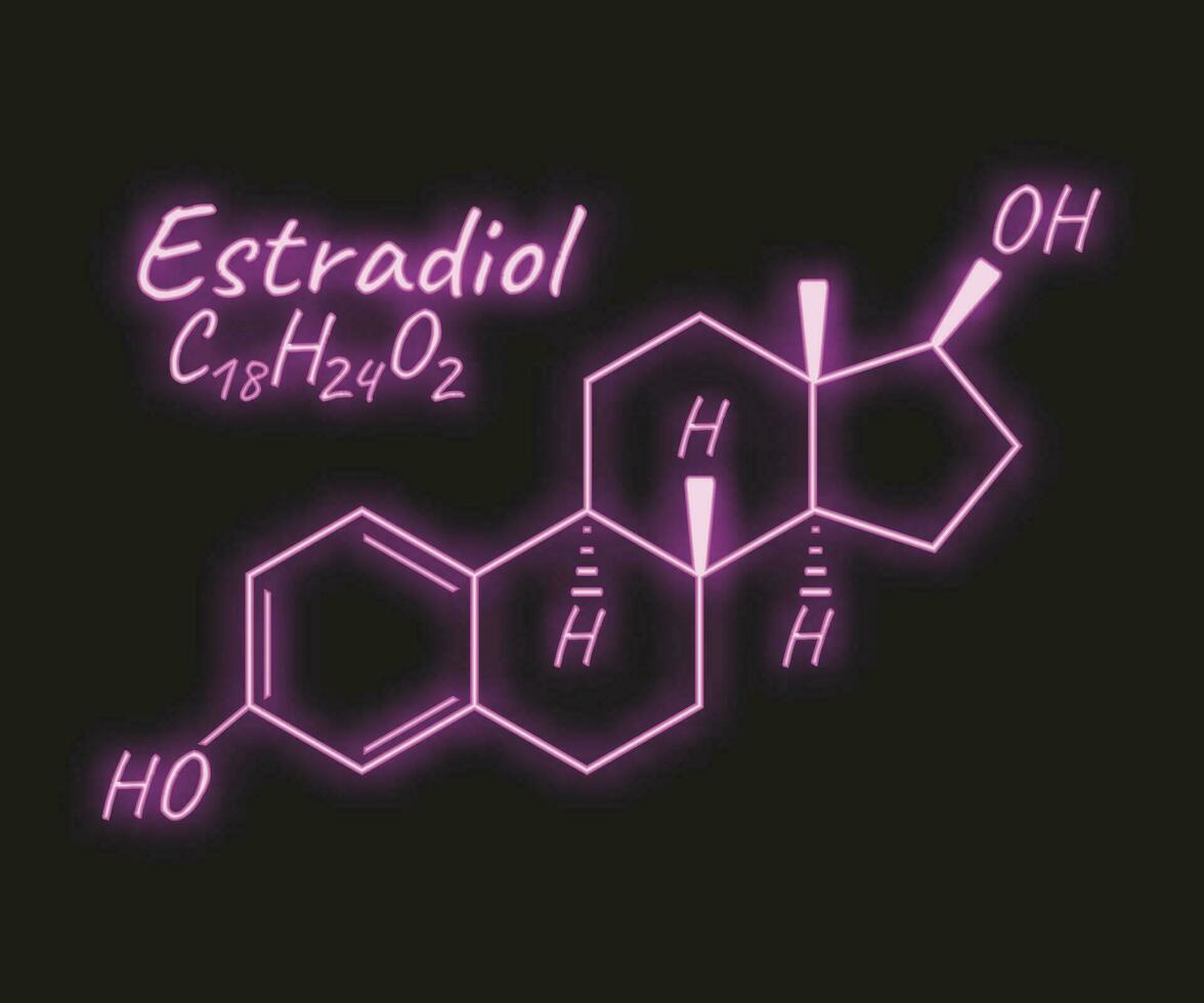 Human hormone estradiol periodic element concept chemical skeletal formula icon label, text font neon glow vector illustration, isolated on black.