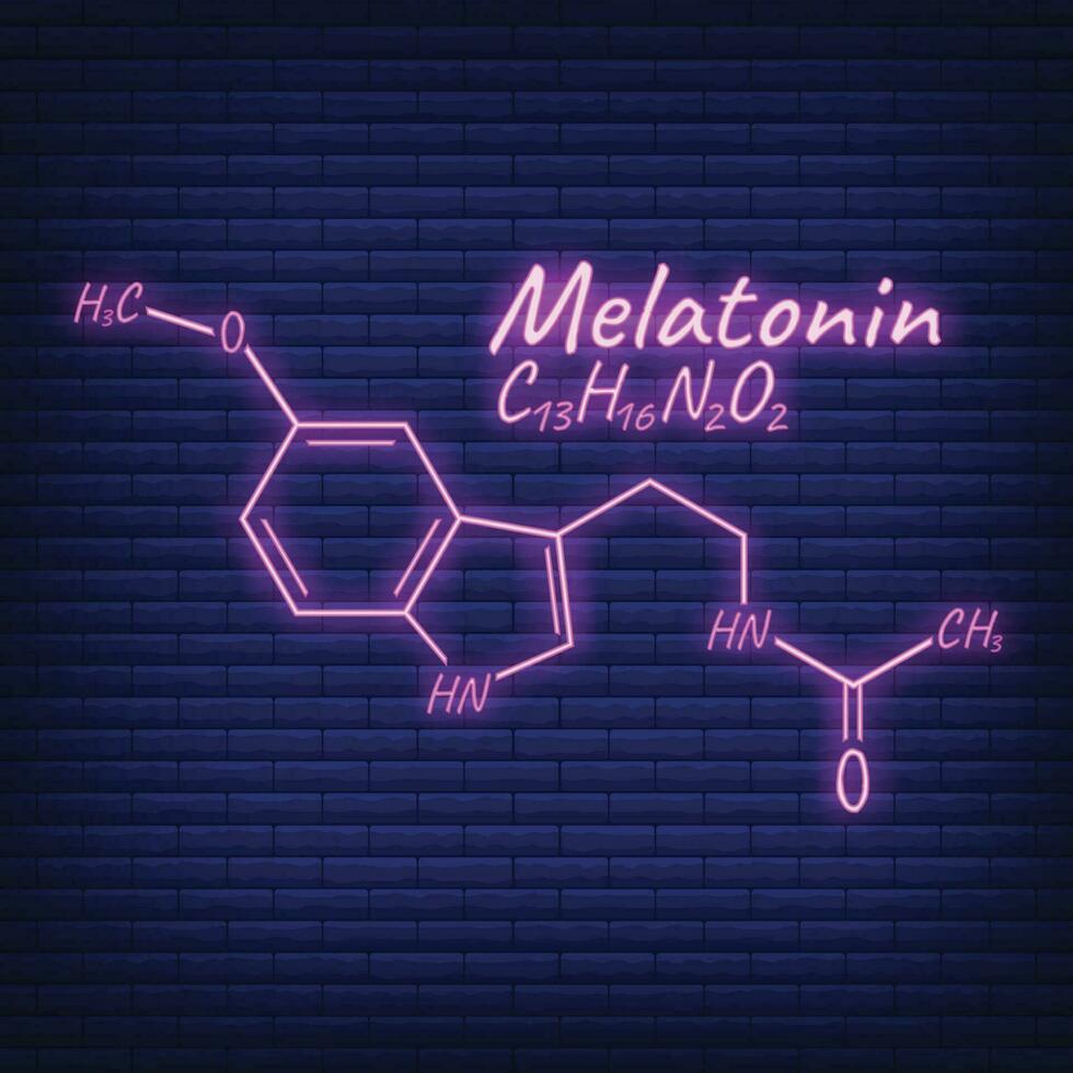 Human hormone melatonin periodic element concept chemical skeletal formula icon label, text font neon glow vector illustration, isolated on black.