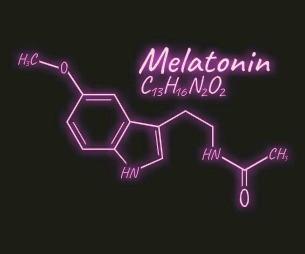 Human hormone melatonin periodic element concept chemical skeletal formula icon label, text font neon glow vector illustration, isolated on black.