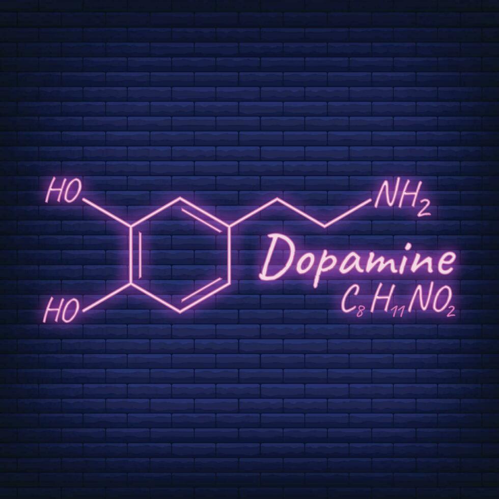 Human hormone dopamine concept chemical skeletal formula icon label, text font neon glow vector illustration, isolated on black. Periodic element.