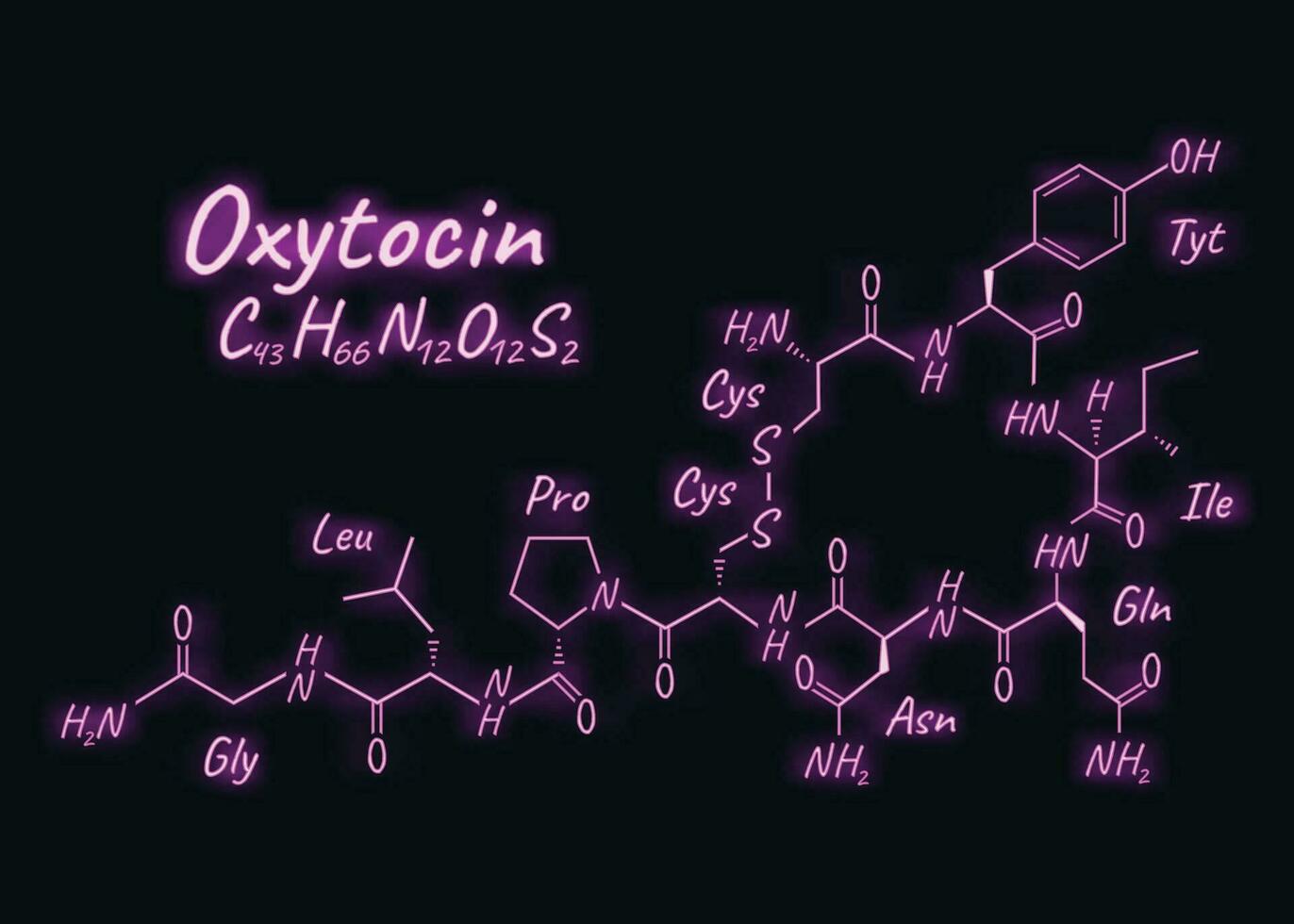 Human hormone oxytocin periodic element concept chemical skeletal formula icon label, text font neon glow vector illustration, isolated on black.