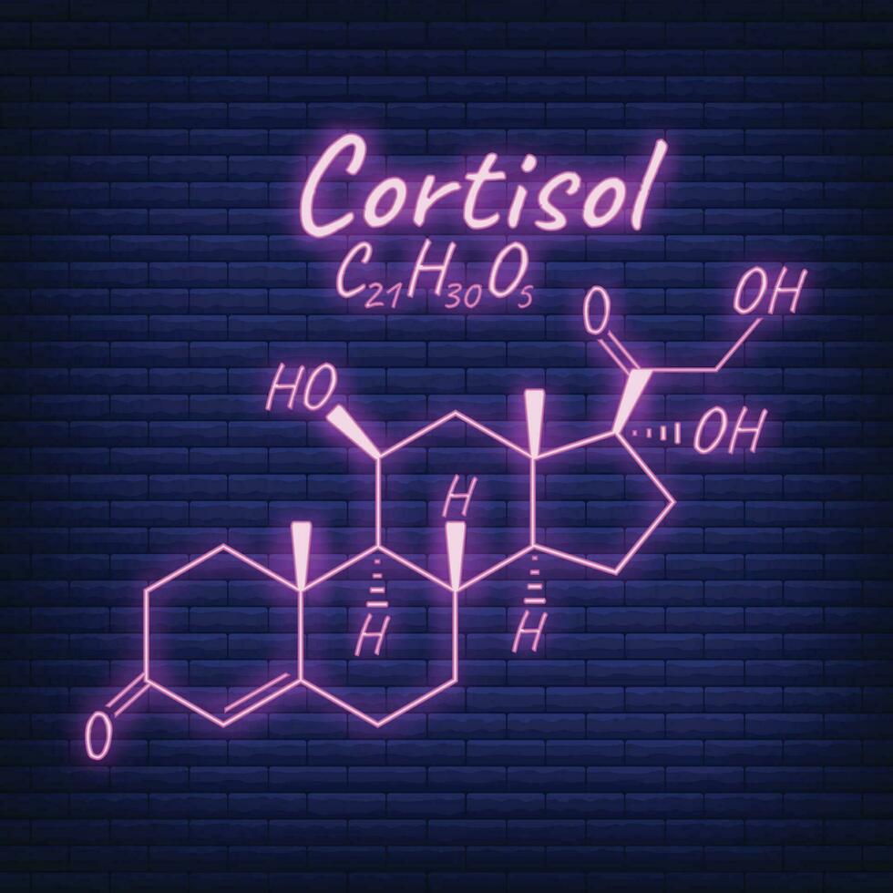 Human hormone cortisol periodic element concept chemical skeletal formula icon label, text font neon glow vector illustration, isolated on black.