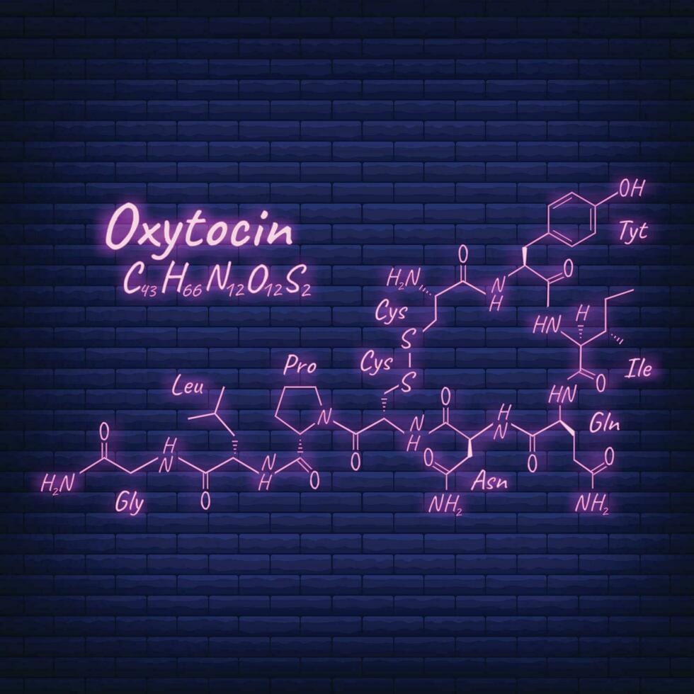 Human hormone oxytocin periodic element concept chemical skeletal formula icon label, text font neon glow vector illustration, isolated on black.