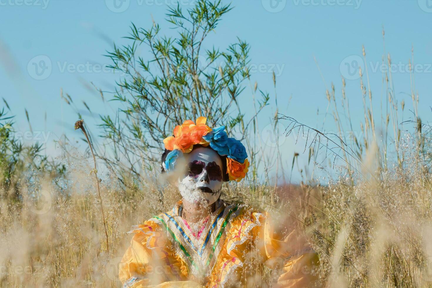 In Mexico, people celebrate the Day of the Dead in colorful costumes photo