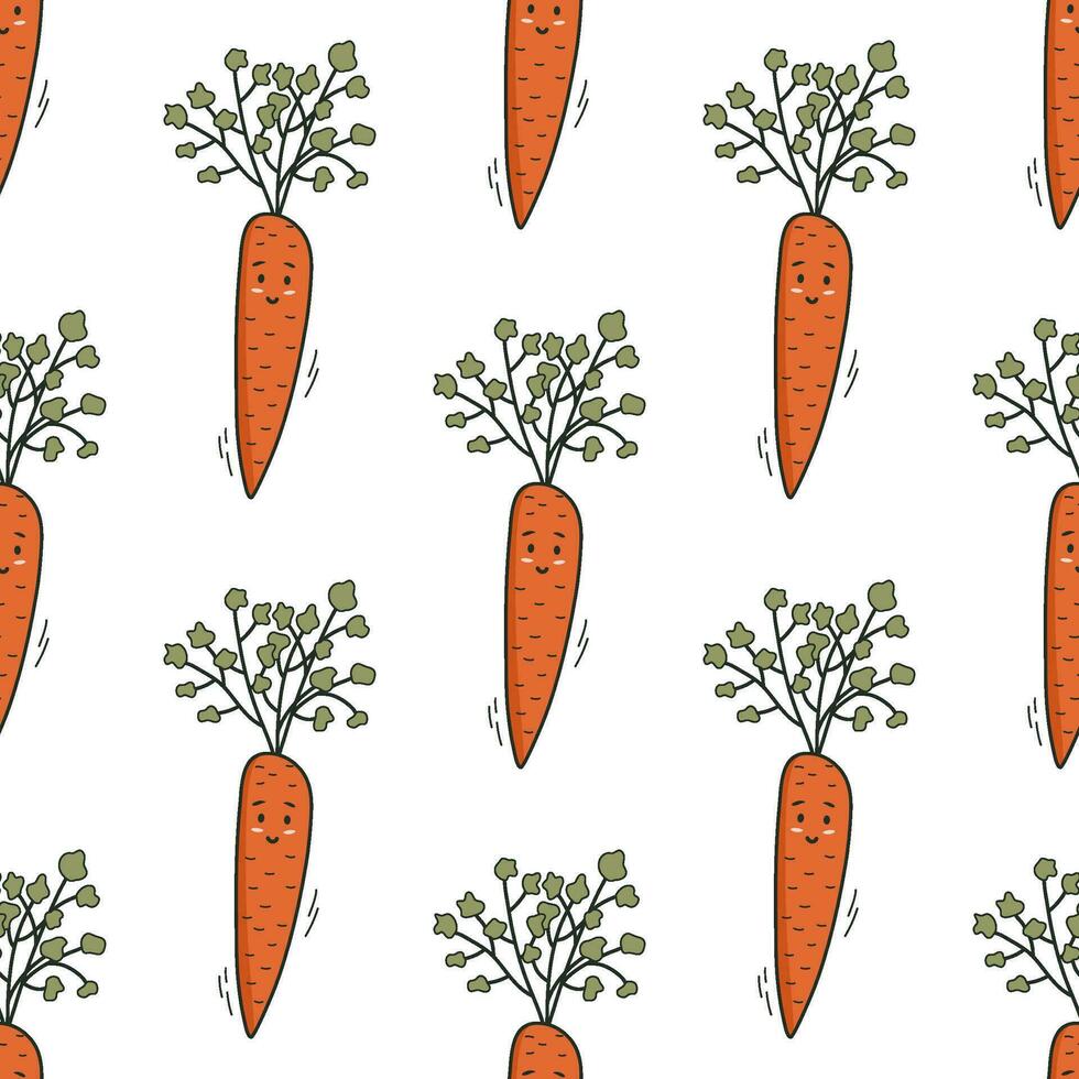 Carrot seamless pattern. Doodle style kawaii vegetables background. Vegetarian healthy bio food, vegan organic eco products. Vector illustration.