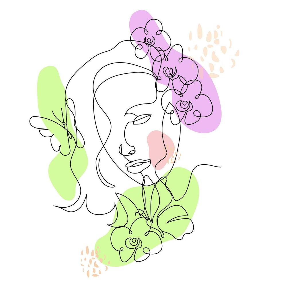 Vector linear illustration of a girl's head with colored spots