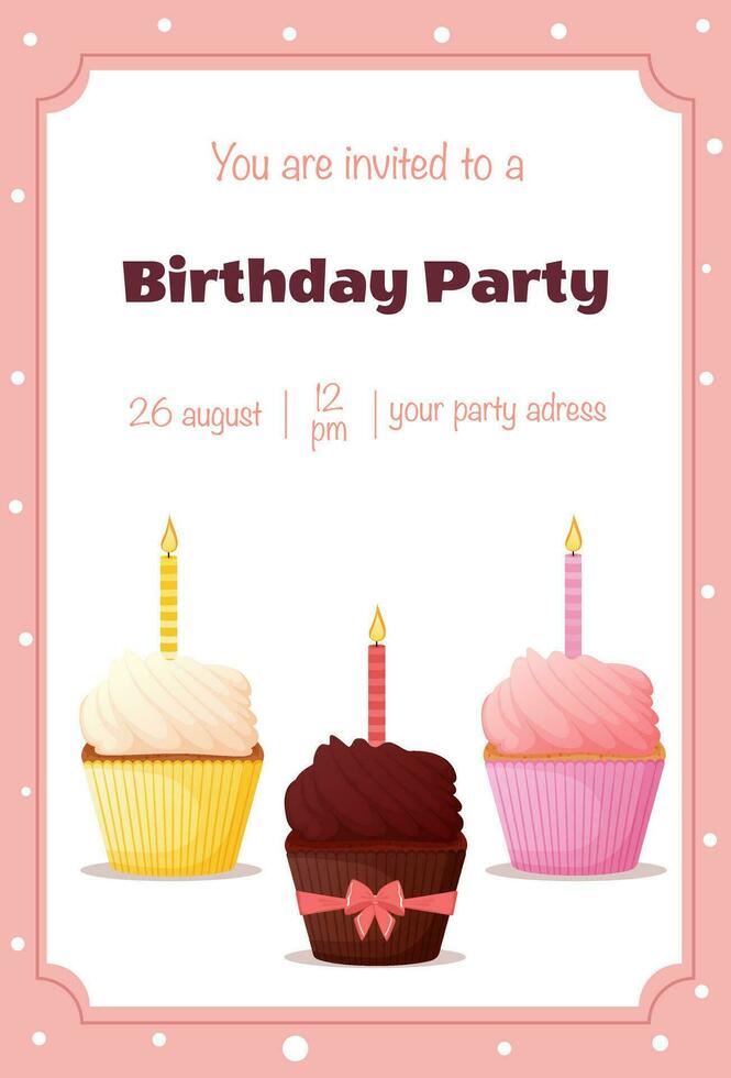 Birthday party invitation, greeting card with cake vector