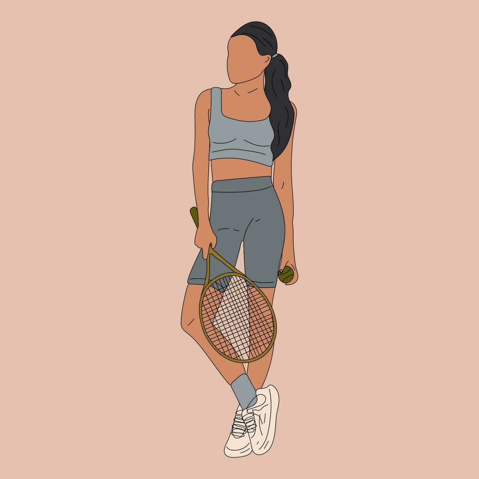 Colorful sportswoman big tennis player. Professional sports female holding racket and hitting ball. Girl character in trendy sportswear vector