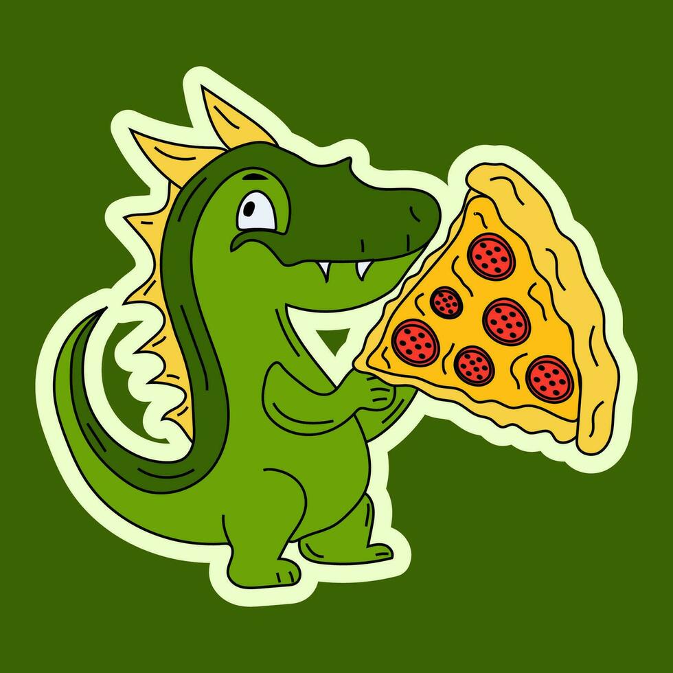 Vector Stock Illustration isolated Emoji character cartoon green dragon dinosaur eats a pizza sticker emoticon for site, info graphics, video, animation
