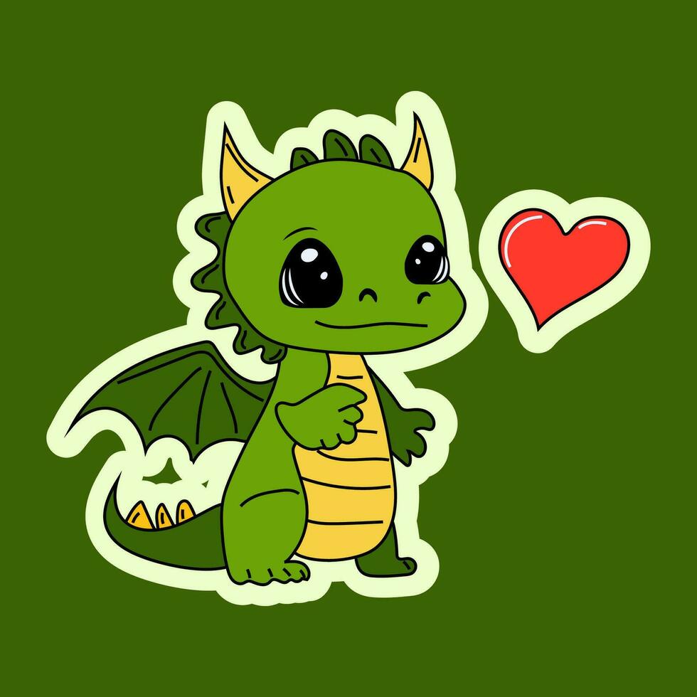 Vector Stock Illustration isolated Emoji character cartoon green dragon dinosaur lying with heart, valentine sticker emoticon for site, info graphics, video, animation.