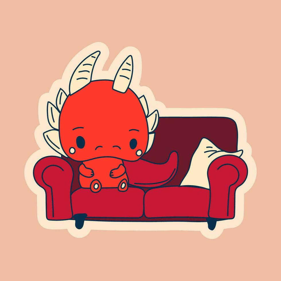 Vector Stock Illustration isolated Emoji character cartoon dragon dinosaur lying on the sofa sticker emoticon for site, info graphics, video, animation.