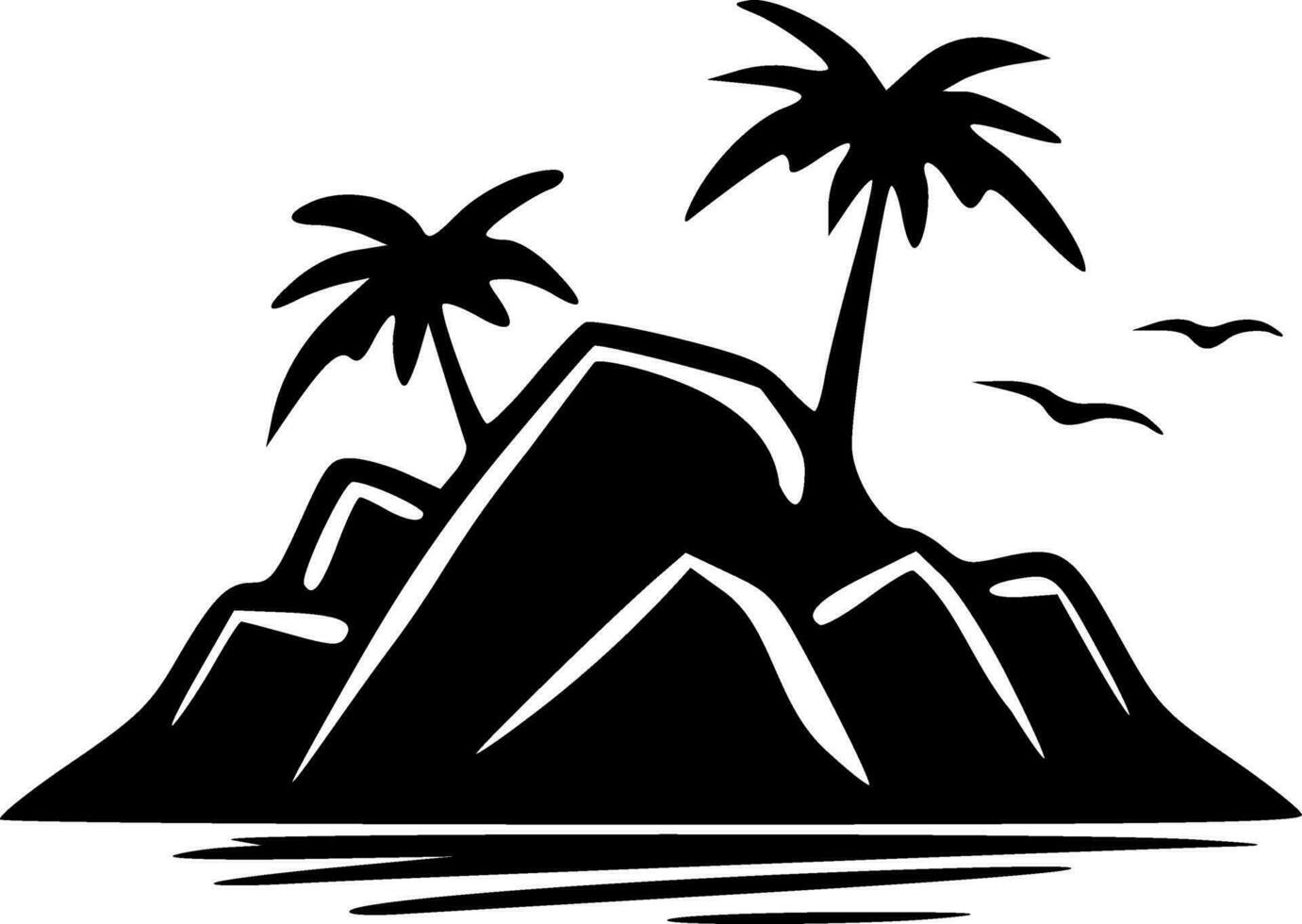 Small island with palm trees with birds flying isolated silhouette vector illustration