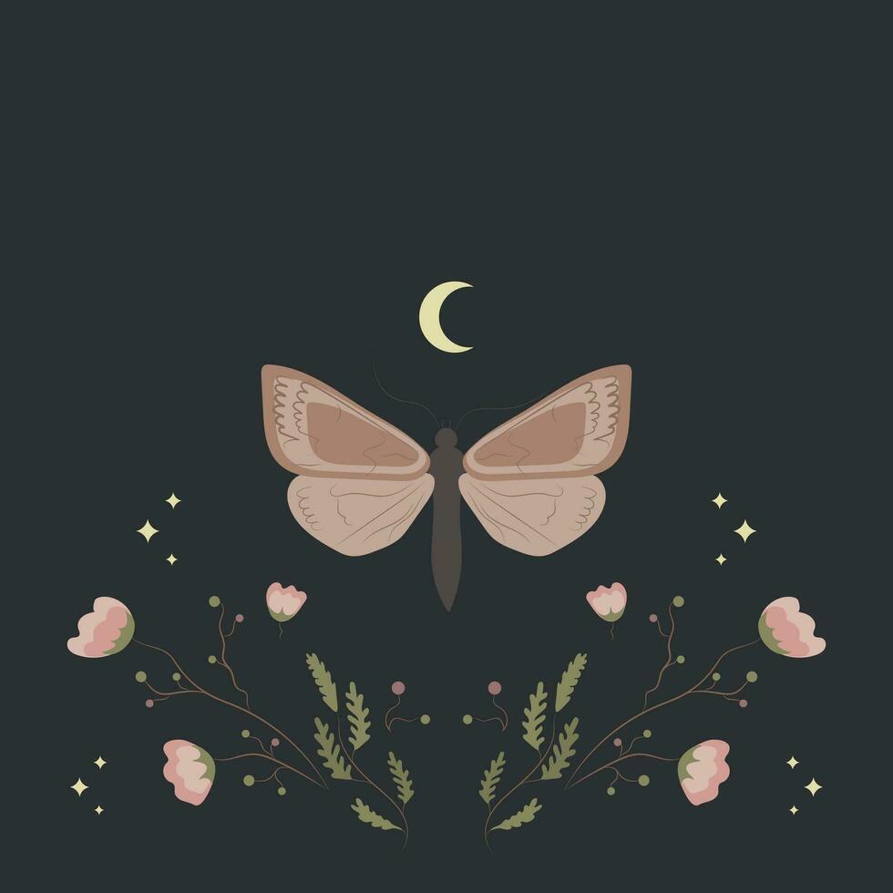 Magic vector background with moths, moon and stars, flowers and botanical elements on dark background