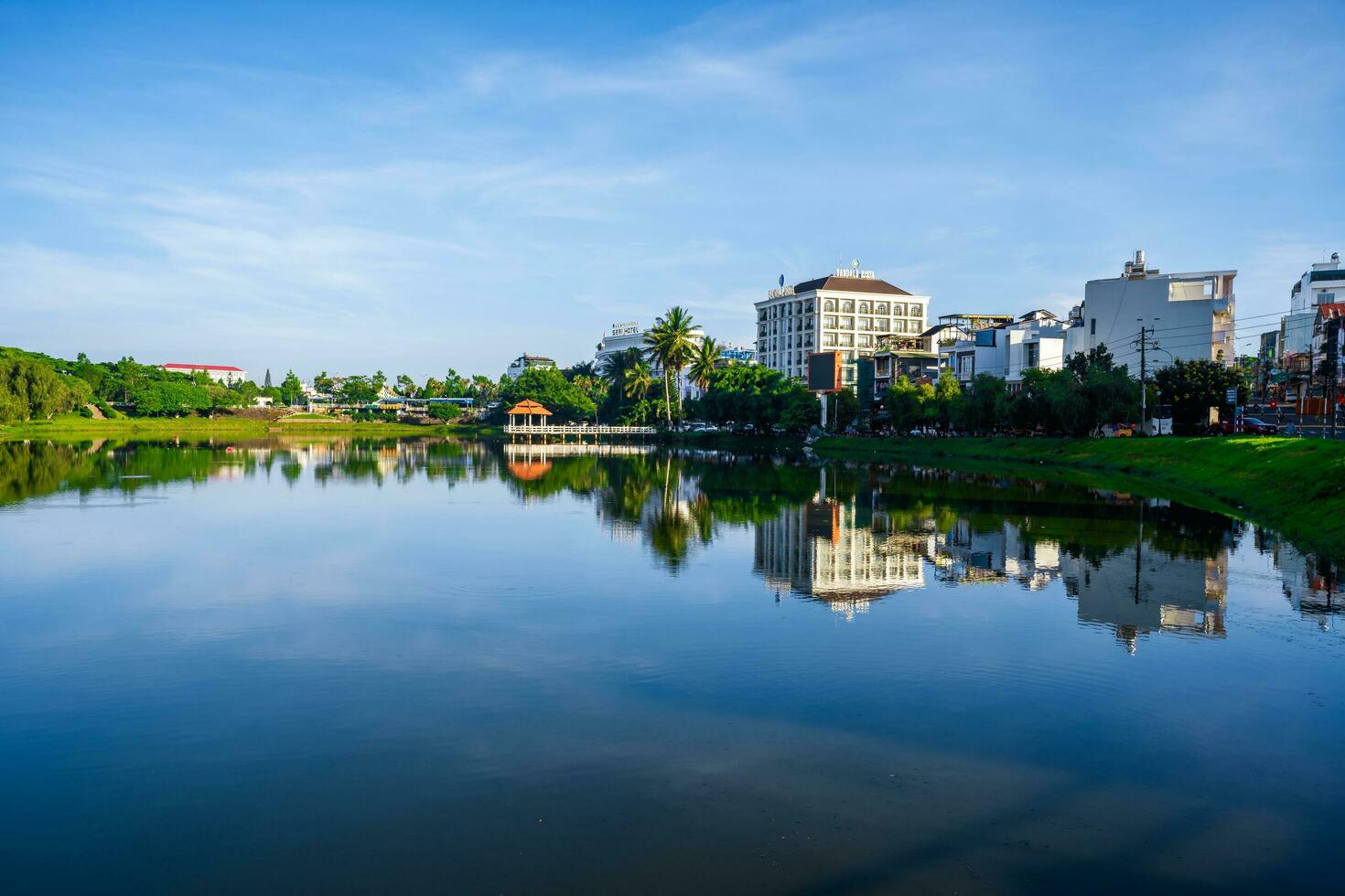 Bao Loc, Vietnam - 01 May 2023 Morning view of small Dong Nai lake - a central lake in Bao Loc city. photo