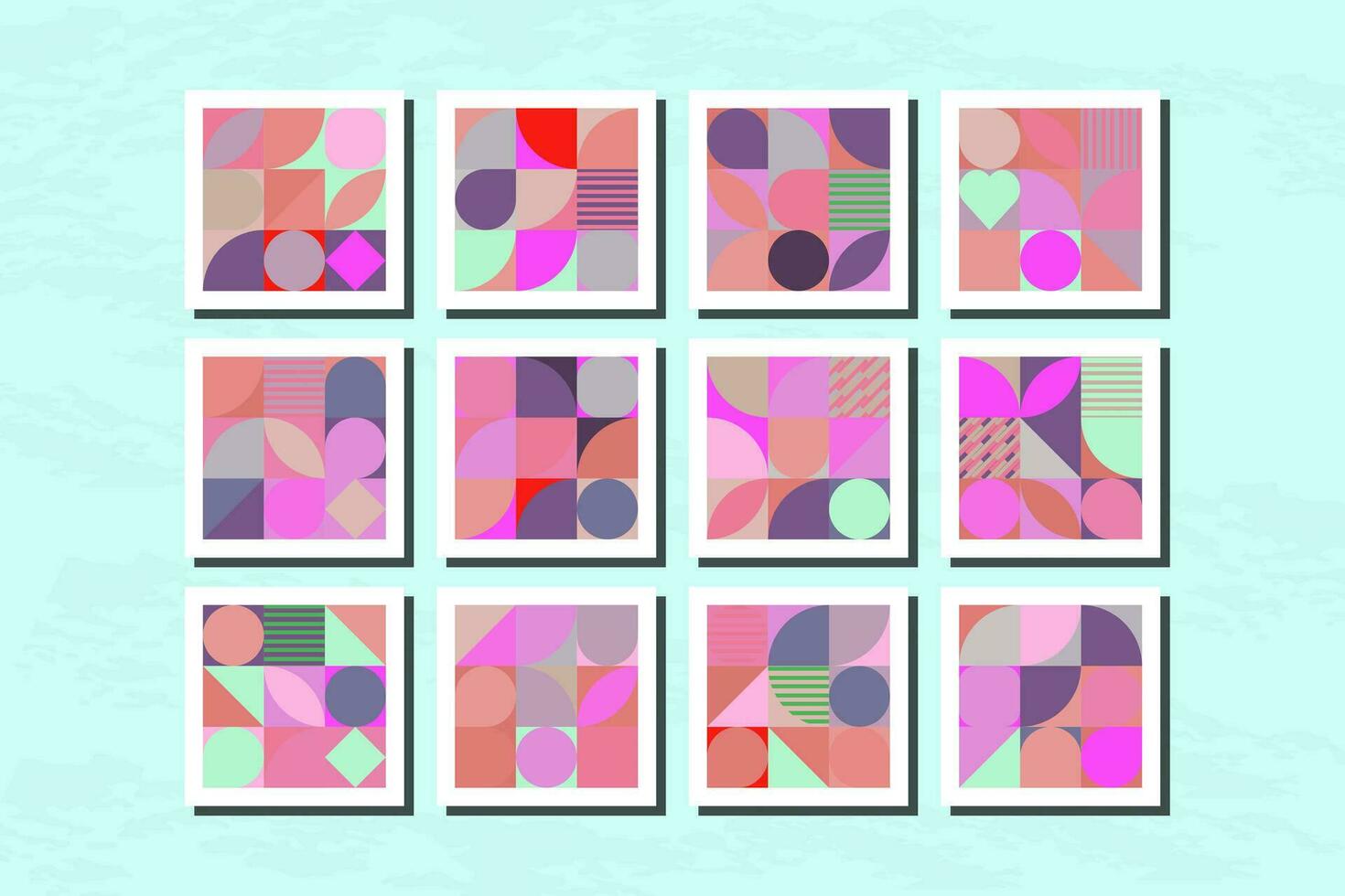 Set of Pink Geometric Shapes with white frame border canvas in Bahaus Art Style, isolated on light background. Vector Illustration.