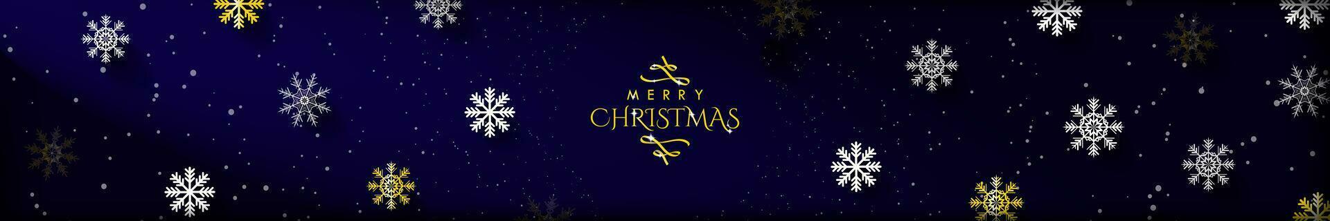 Gold and Blue Elegant Christmas Greeting Header Banner. Gold and white snowflakes. Long horizontal Merry Christmas header. Vector Illustration. EPS 10.